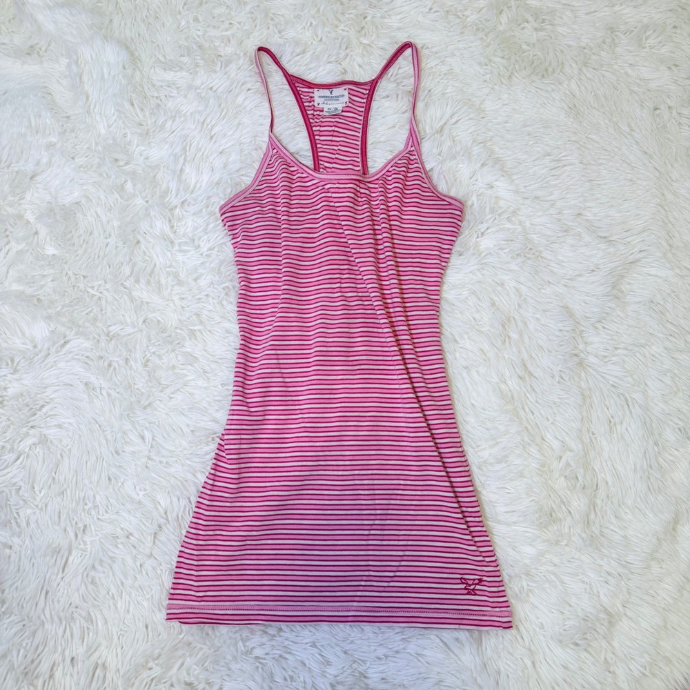 American Eagle Pink Striped Racerback Tank Top XS Y2K Soft Ribbed Knit